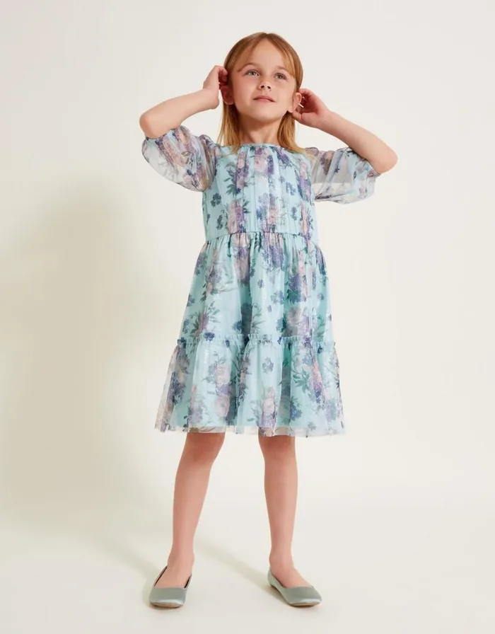 Monsoon Vintage Floral Mesh Dress Teal Children Dresses