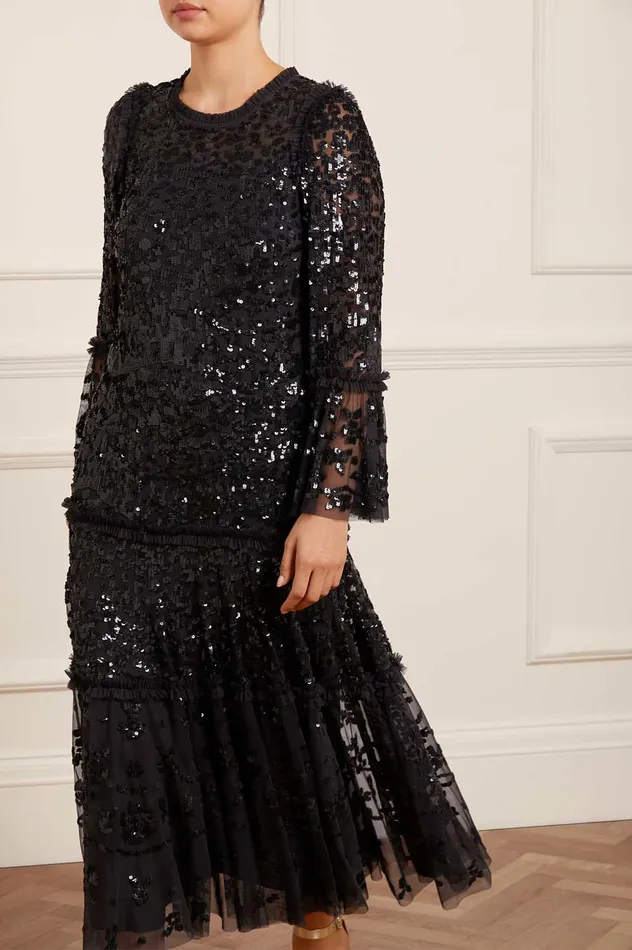Needle and Thread Annie Sequin Tiered Ankle Gown Black Women Embellished Dresses Needle and Thread Annie Sequin Tiered Ankle Gown Black Women Embellished Dresses