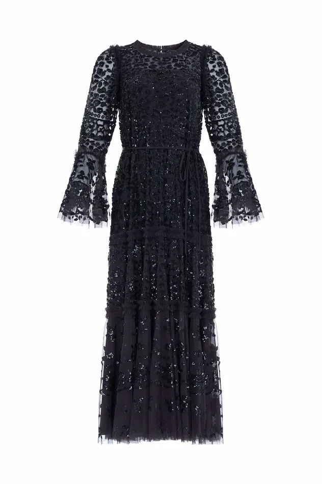 Needle and Thread Annie Sequin Tiered Ankle Gown Black Women Embellished Dresses