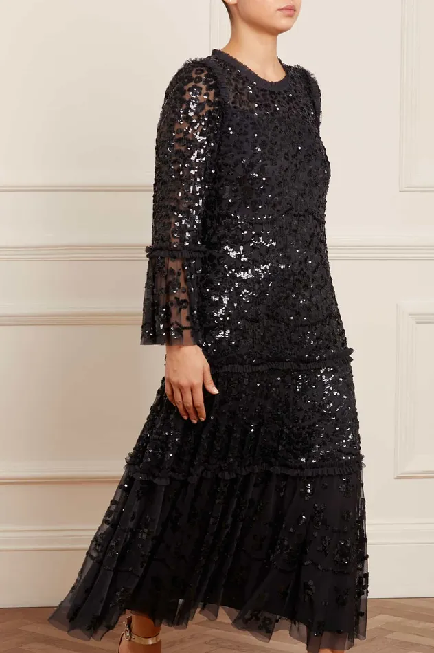 Needle and Thread Annie Sequin Tiered Ankle Gown Black Women Embellished Dresses