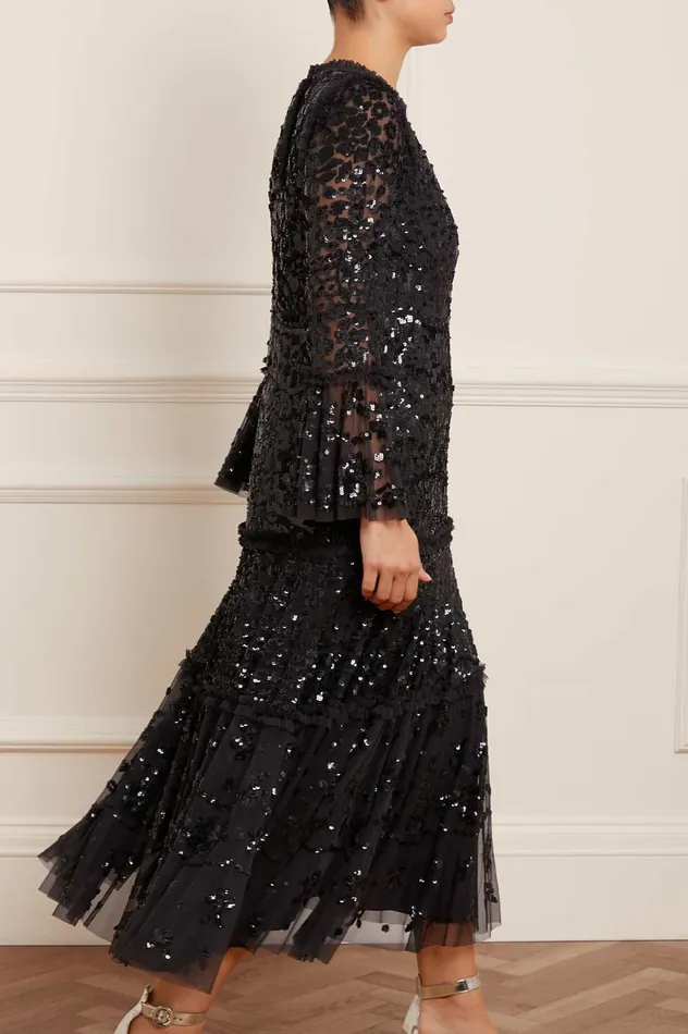 Needle and Thread Annie Sequin Tiered Ankle Gown Black Women Embellished Dresses
