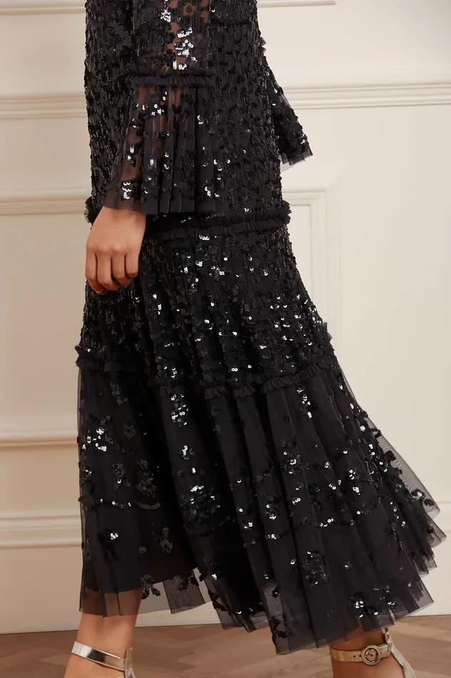 Needle and Thread Annie Sequin Tiered Ankle Gown Black Women Embellished Dresses