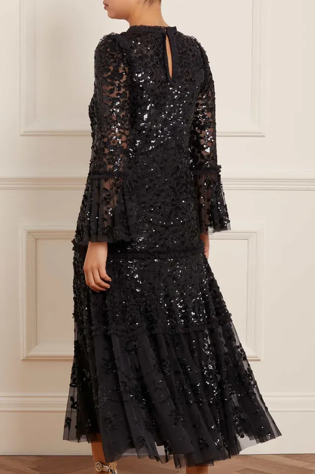 Needle and Thread Annie Sequin Tiered Ankle Gown Black Women Embellished Dresses
