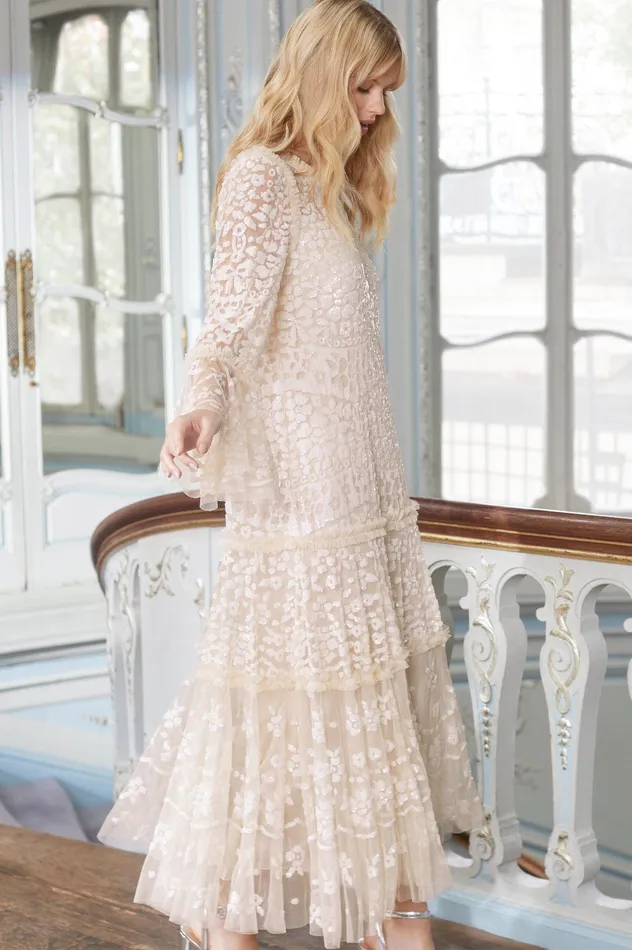 Needle and Thread Annie Sequin Tiered Ankle Gown Champagne Women Embellished Dresses Needle and Thread Annie Sequin Tiered Ankle Gown Champagne Women Embellished Dresses
