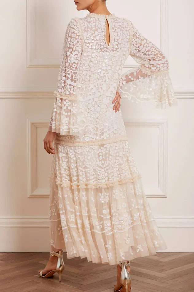 Needle and Thread Annie Sequin Tiered Ankle Gown Champagne Women Embellished Dresses