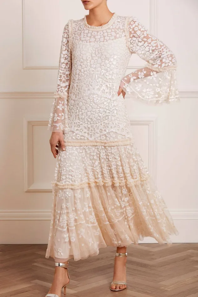 Needle and Thread Annie Sequin Tiered Ankle Gown Champagne Women Embellished Dresses
