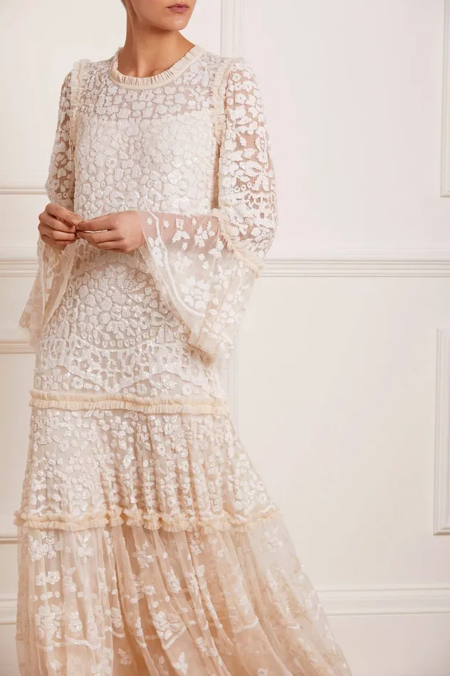 Needle and Thread Annie Sequin Tiered Ankle Gown Champagne Women Embellished Dresses