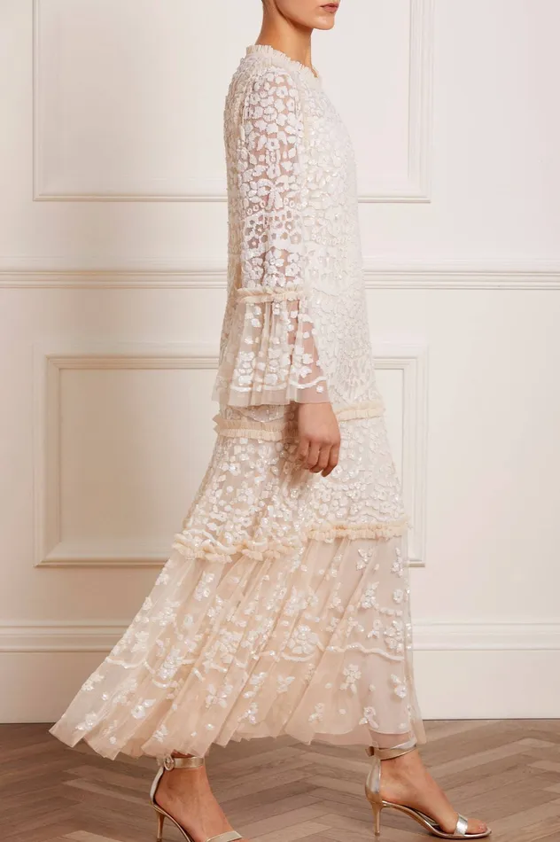 Needle and Thread Annie Sequin Tiered Ankle Gown Champagne Women Embellished Dresses