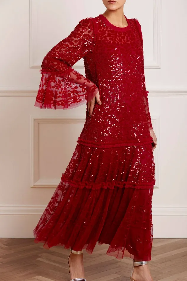 Needle and Thread Annie Sequin Tiered Ankle Gown Red Women Embellished Dresses Needle and Thread Annie Sequin Tiered Ankle Gown Red Women Embellished Dresses