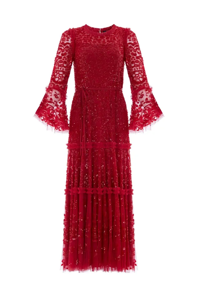 Needle and Thread Annie Sequin Tiered Ankle Gown Red Women Embellished Dresses