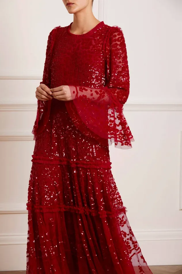 Needle and Thread Annie Sequin Tiered Ankle Gown Red Women Embellished Dresses