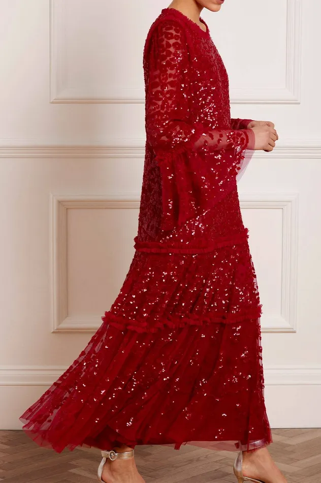 Needle and Thread Annie Sequin Tiered Ankle Gown Red Women Embellished Dresses