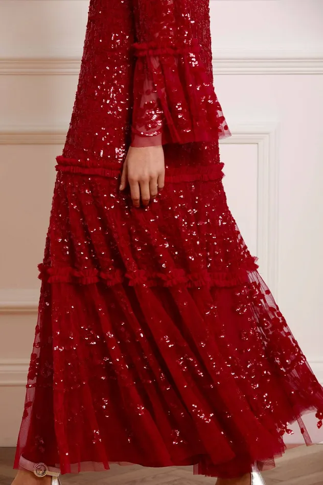 Needle and Thread Annie Sequin Tiered Ankle Gown Red Women Embellished Dresses
