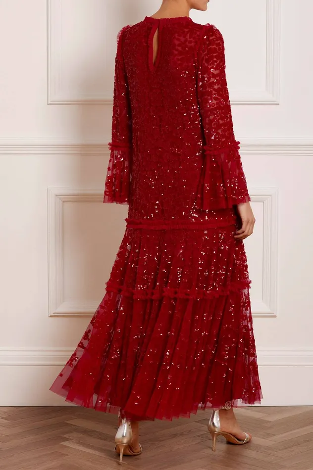 Needle and Thread Annie Sequin Tiered Ankle Gown Red Women Embellished Dresses