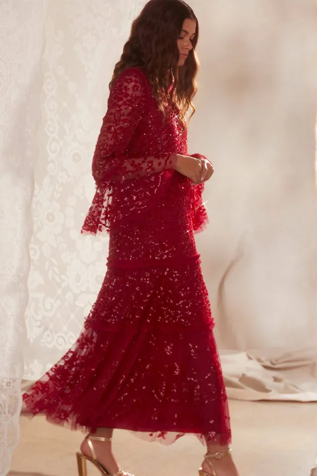 Needle and Thread Annie Sequin Tiered Ankle Gown Red Women Embellished Dresses