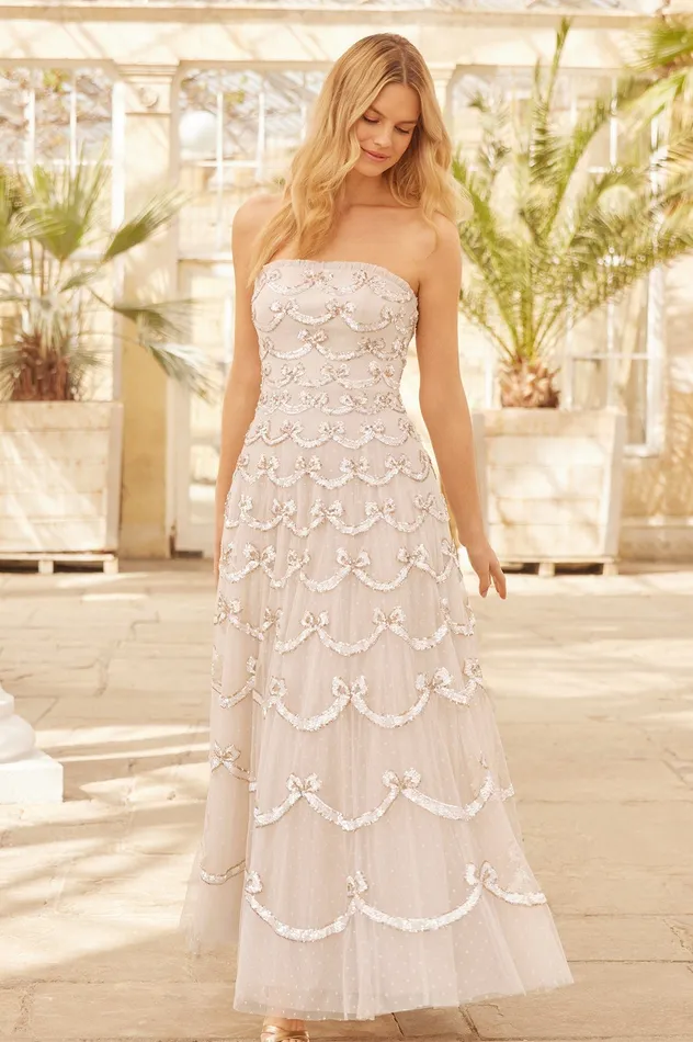 Needle and Thread Bow Sequin Strapless Gown Champagne Women Embellished Dresses