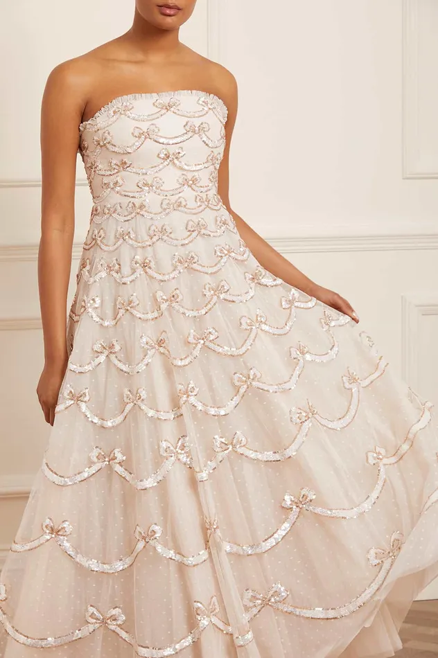 Needle and Thread Bow Sequin Strapless Gown Champagne Women Embellished Dresses Needle and Thread Bow Sequin Strapless Gown Champagne Women Embellished Dresses