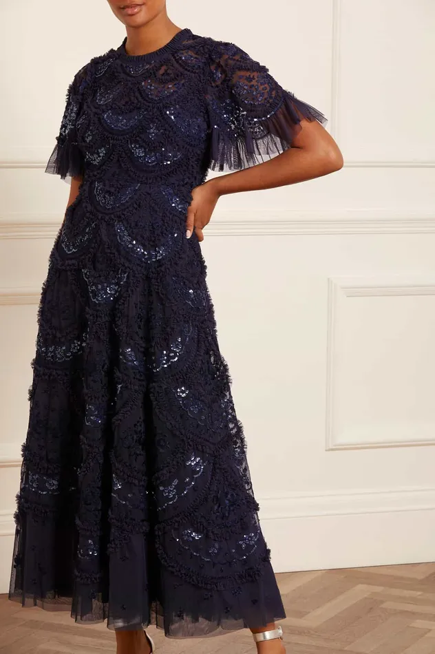Needle and Thread Carmen Ruffle Ankle Gown Blue Women Evening Dresses