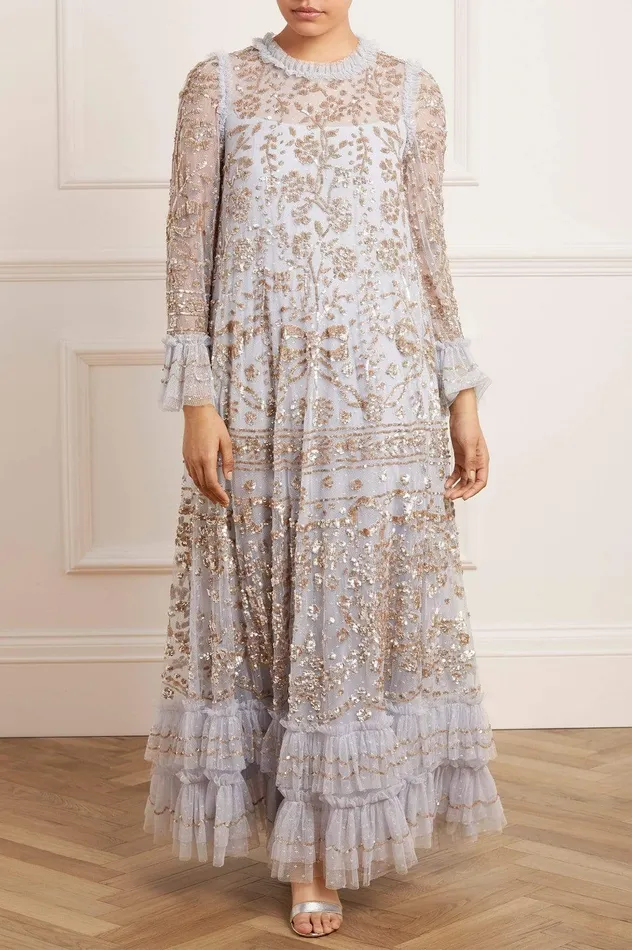 Needle and Thread Celia Long Sleeve Ankle Gown Blue Women Embellished Dresses