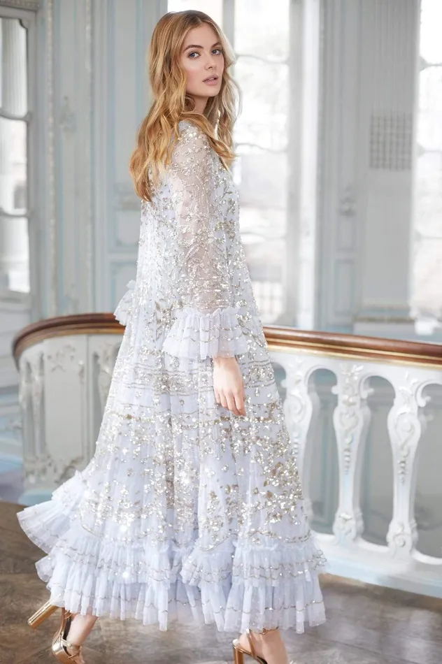 Needle and Thread Celia Long Sleeve Ankle Gown Blue Women Embellished Dresses