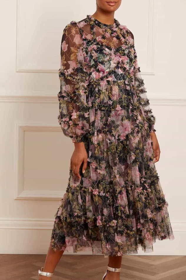 Needle and Thread English Rose Diamond Ruffle Ballerina Dress Black Women Printed Dresses Needle and Thread English Rose Diamond Ruffle Ballerina Dress Black Women Printed Dresses