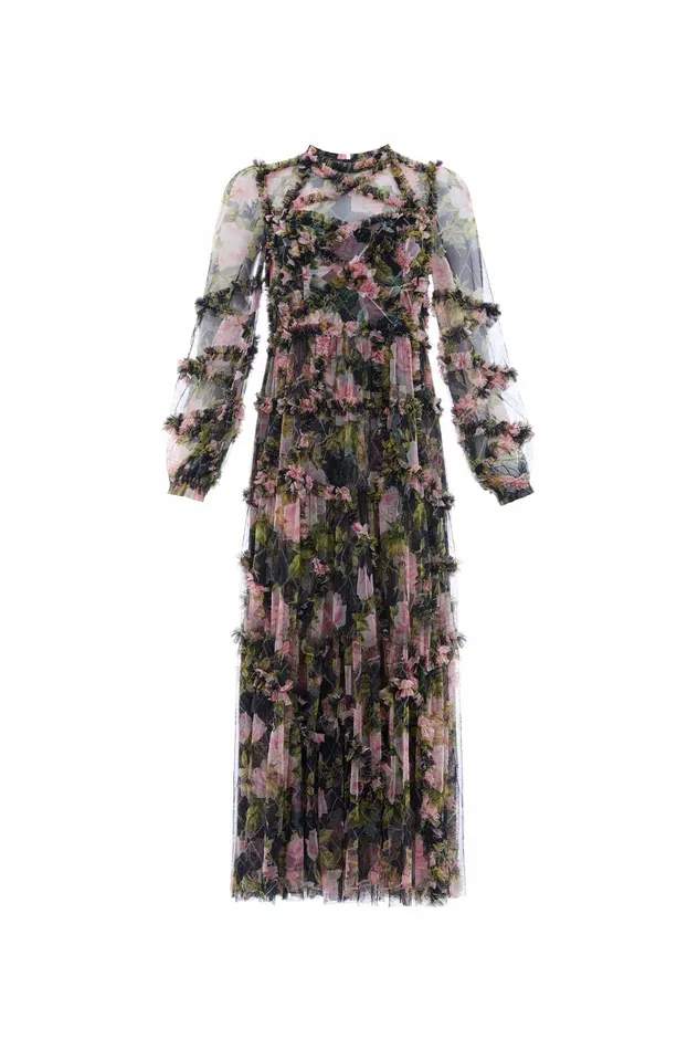 Needle and Thread English Rose Diamond Ruffle Ballerina Dress Black Women Printed Dresses