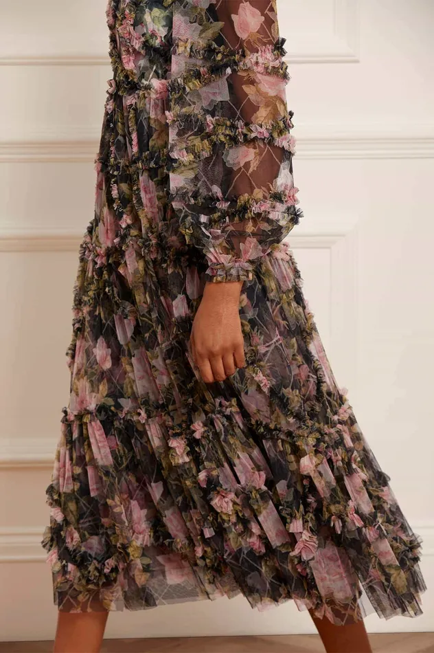 Needle and Thread English Rose Diamond Ruffle Ballerina Dress Black Women Printed Dresses