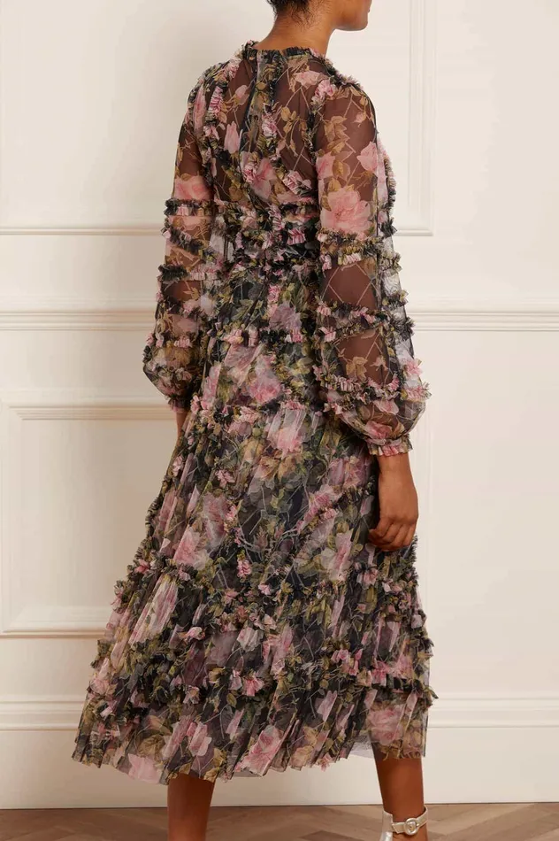 Needle and Thread English Rose Diamond Ruffle Ballerina Dress Black Women Printed Dresses