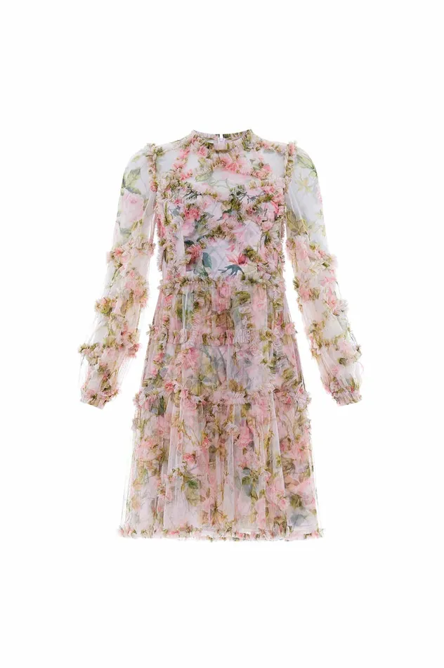 Needle and Thread English Rose Diamond Ruffle Mini Dress Pink Women Day Dresses