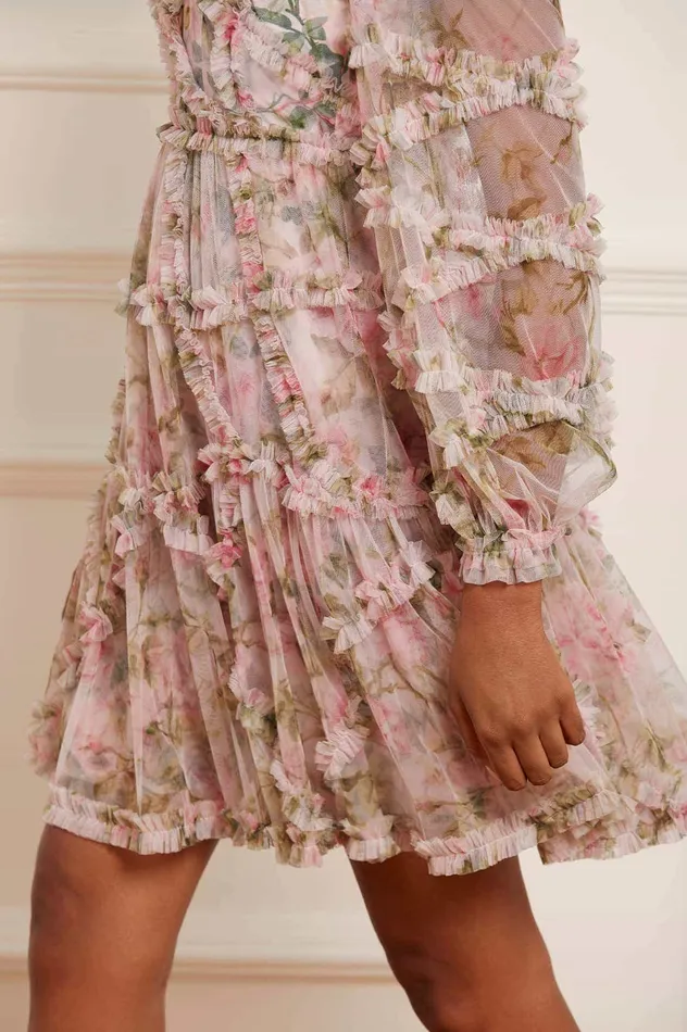 Needle and Thread English Rose Diamond Ruffle Mini Dress Pink Women Day Dresses