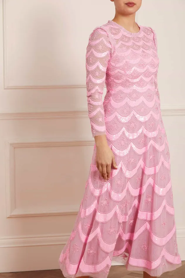 Needle and Thread Fifi Long Sleeve Ankle Gown Pink Women Embellished Dresses