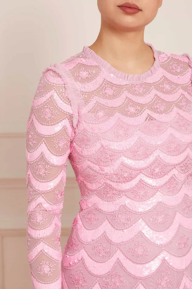 Needle and Thread Fifi Long Sleeve Ankle Gown Pink Women Embellished Dresses