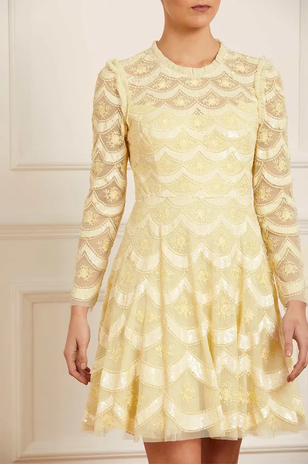 Needle and Thread Fifi Long Sleeve Mini Dress Yellow Women Embellished Dresses