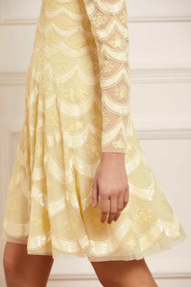 Needle and Thread Fifi Long Sleeve Mini Dress Yellow Women Embellished Dresses