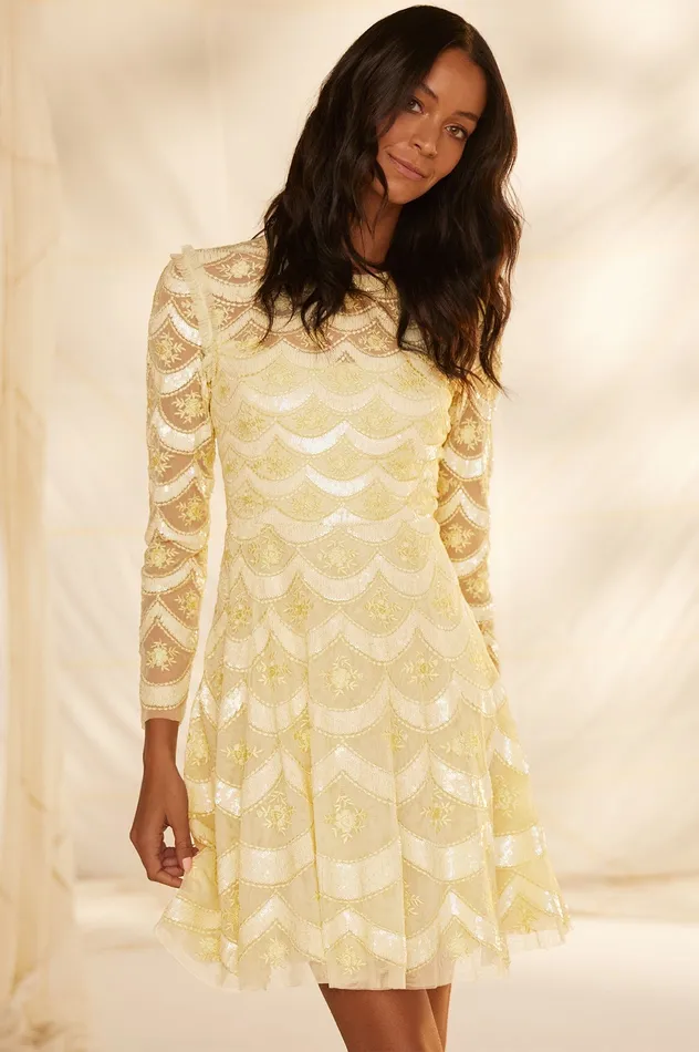 Needle and Thread Fifi Long Sleeve Mini Dress Yellow Women Embellished Dresses