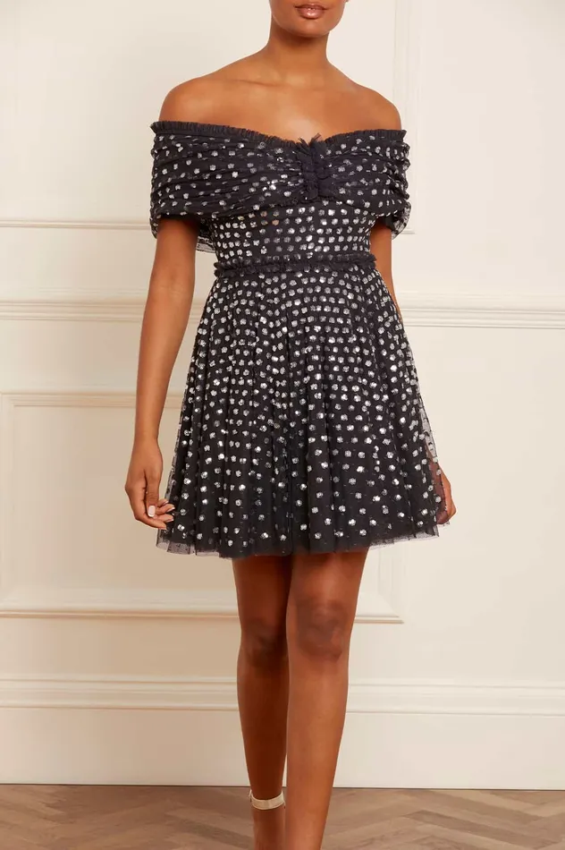Needle and Thread Grace Gloss OffShoulder Micro Mini Dress Black Women Embellished Dresses