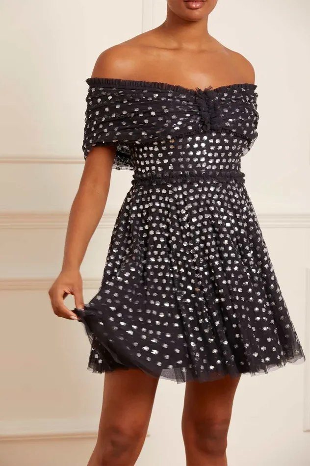 Needle and Thread Grace Gloss OffShoulder Micro Mini Dress Black Women Embellished Dresses