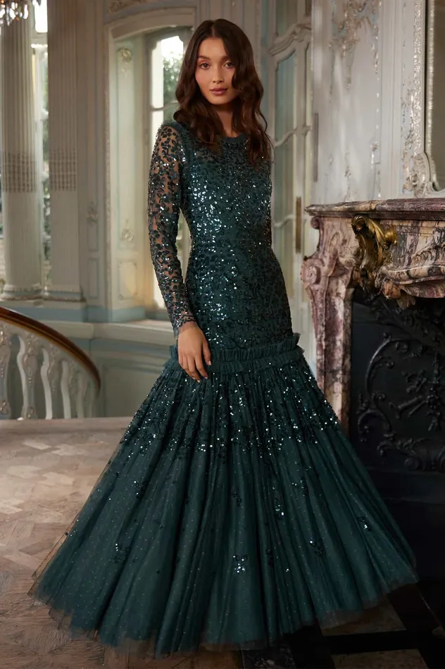 Needle and Thread Regal Rose Long Sleeve Gown Green Women Embellished Dresses