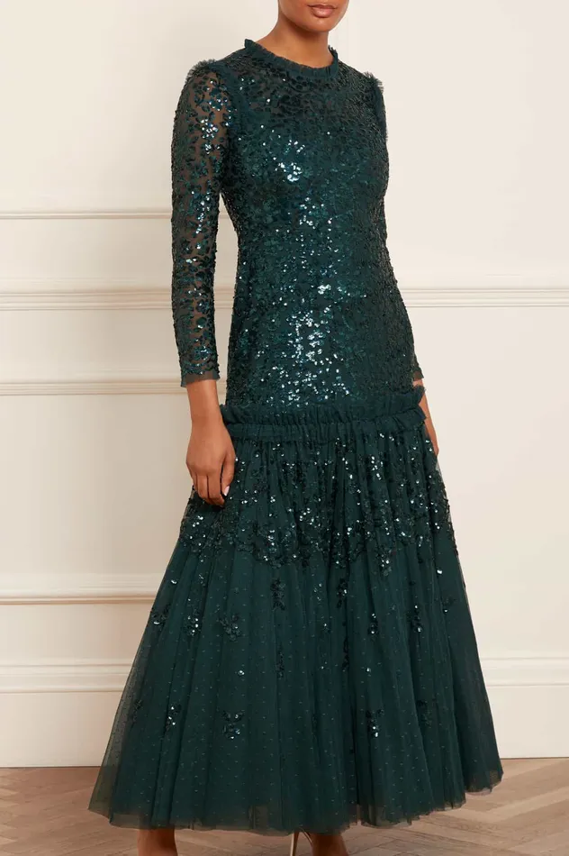 Needle and Thread Regal Rose Long Sleeve Gown Green Women Embellished Dresses