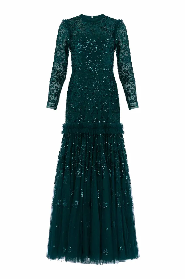 Needle and Thread Regal Rose Long Sleeve Gown Green Women Embellished Dresses
