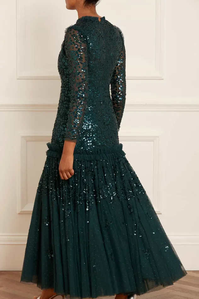 Needle and Thread Regal Rose Long Sleeve Gown Green Women Embellished Dresses