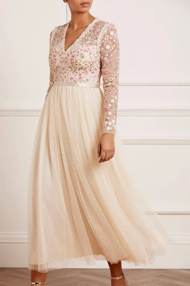 Needle and Thread Rosie Lace Bodice Long Sleeve VNeck Ankle Gown Champagne Women Embroidered Dresses Needle and Thread Rosie Lace Bodice Long Sleeve VNeck Ankle Gown Champagne Women Embroidered Dresses