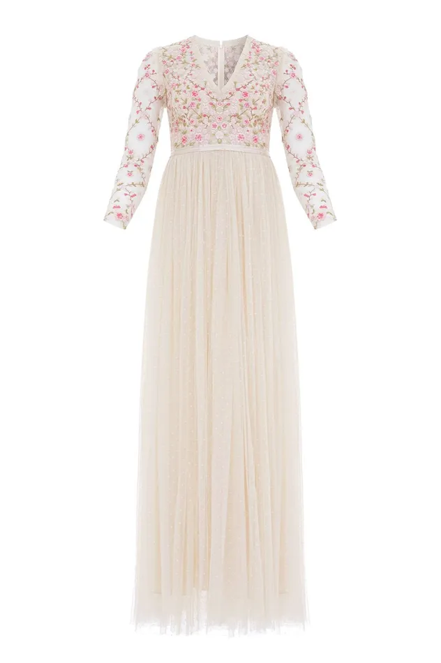 Needle and Thread Rosie Lace Bodice Long Sleeve VNeck Ankle Gown Champagne Women Embroidered Dresses