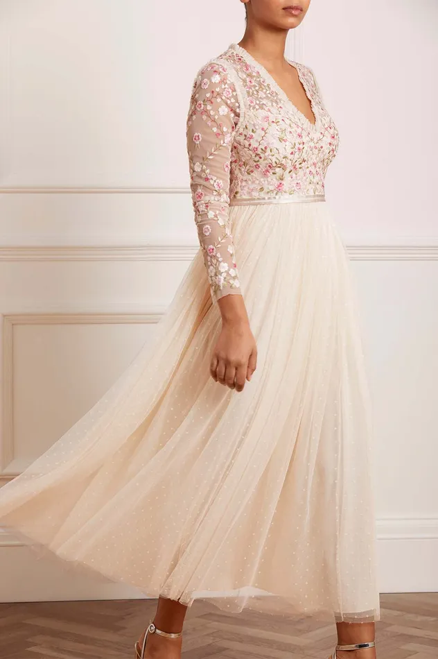 Needle and Thread Rosie Lace Bodice Long Sleeve VNeck Ankle Gown Champagne Women Embroidered Dresses