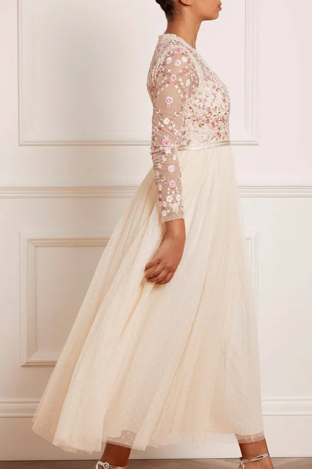 Needle and Thread Rosie Lace Bodice Long Sleeve VNeck Ankle Gown Champagne Women Embroidered Dresses