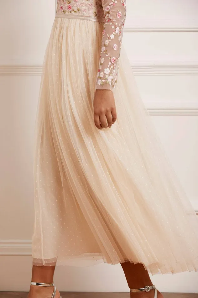 Needle and Thread Rosie Lace Bodice Long Sleeve VNeck Ankle Gown Champagne Women Embroidered Dresses