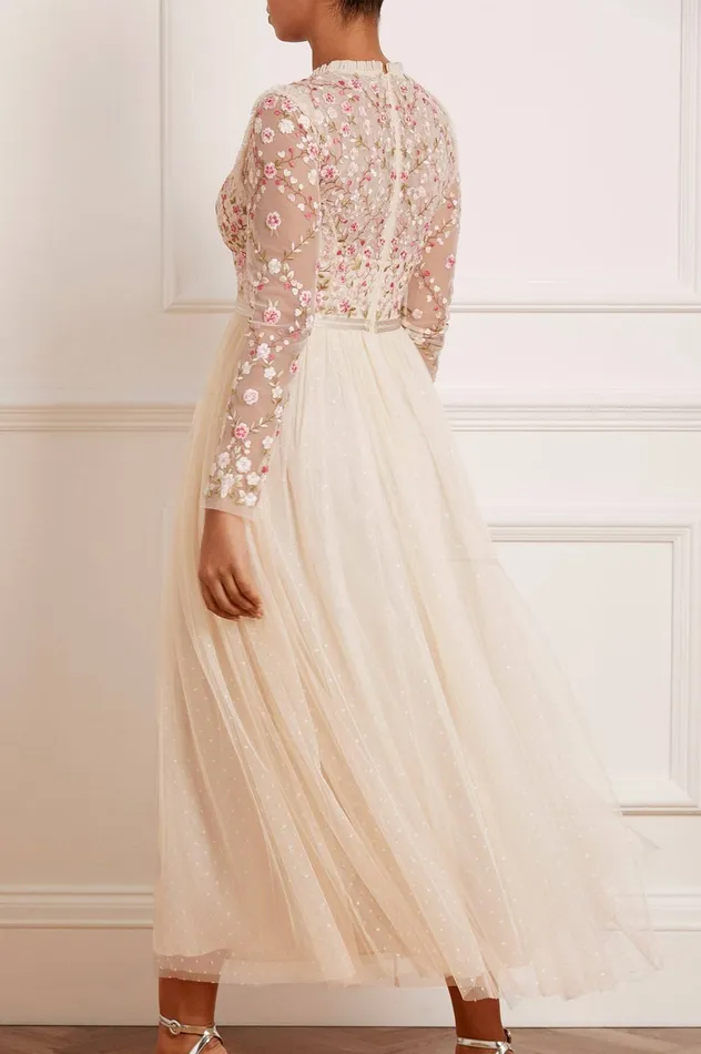 Needle and Thread Rosie Lace Bodice Long Sleeve VNeck Ankle Gown Champagne Women Embroidered Dresses