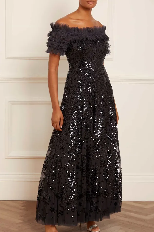 Needle and Thread Sequin Wreath OffShoulder Gown Black Women Embellished Dresses