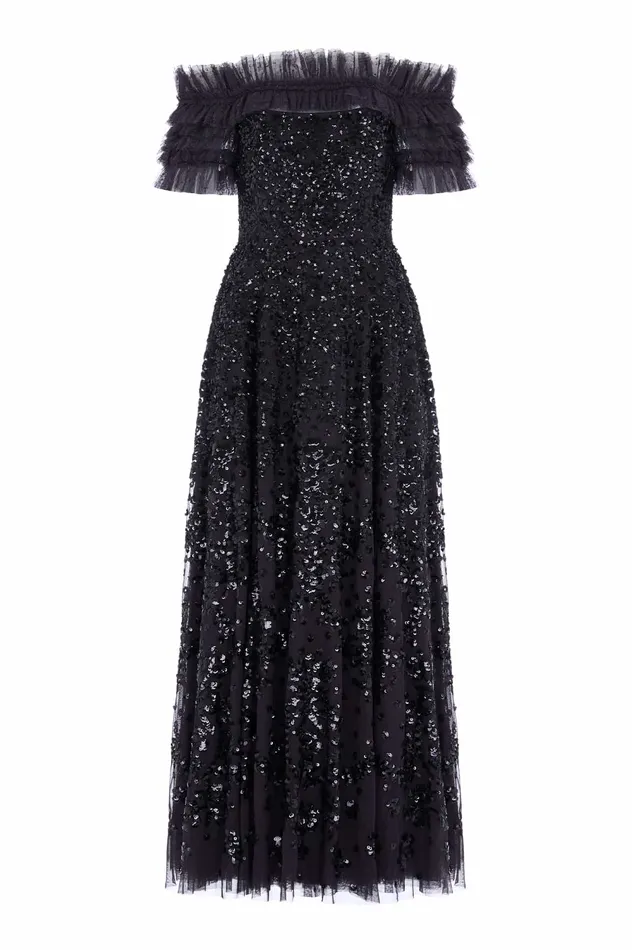 Needle and Thread Sequin Wreath OffShoulder Gown Black Women Embellished Dresses