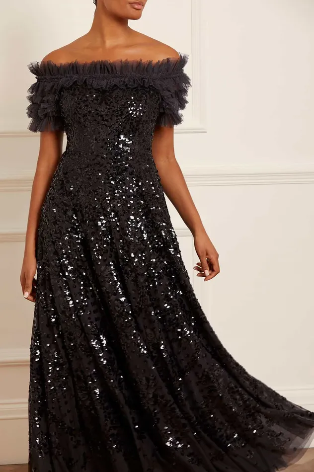 Needle and Thread Sequin Wreath OffShoulder Gown Black Women Embellished Dresses